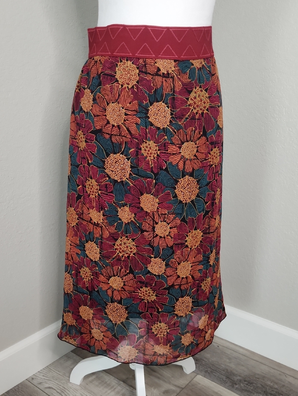 Lularoe Lola Floral Boho Midi Skirt in Burgundy, Orange, Teal XL